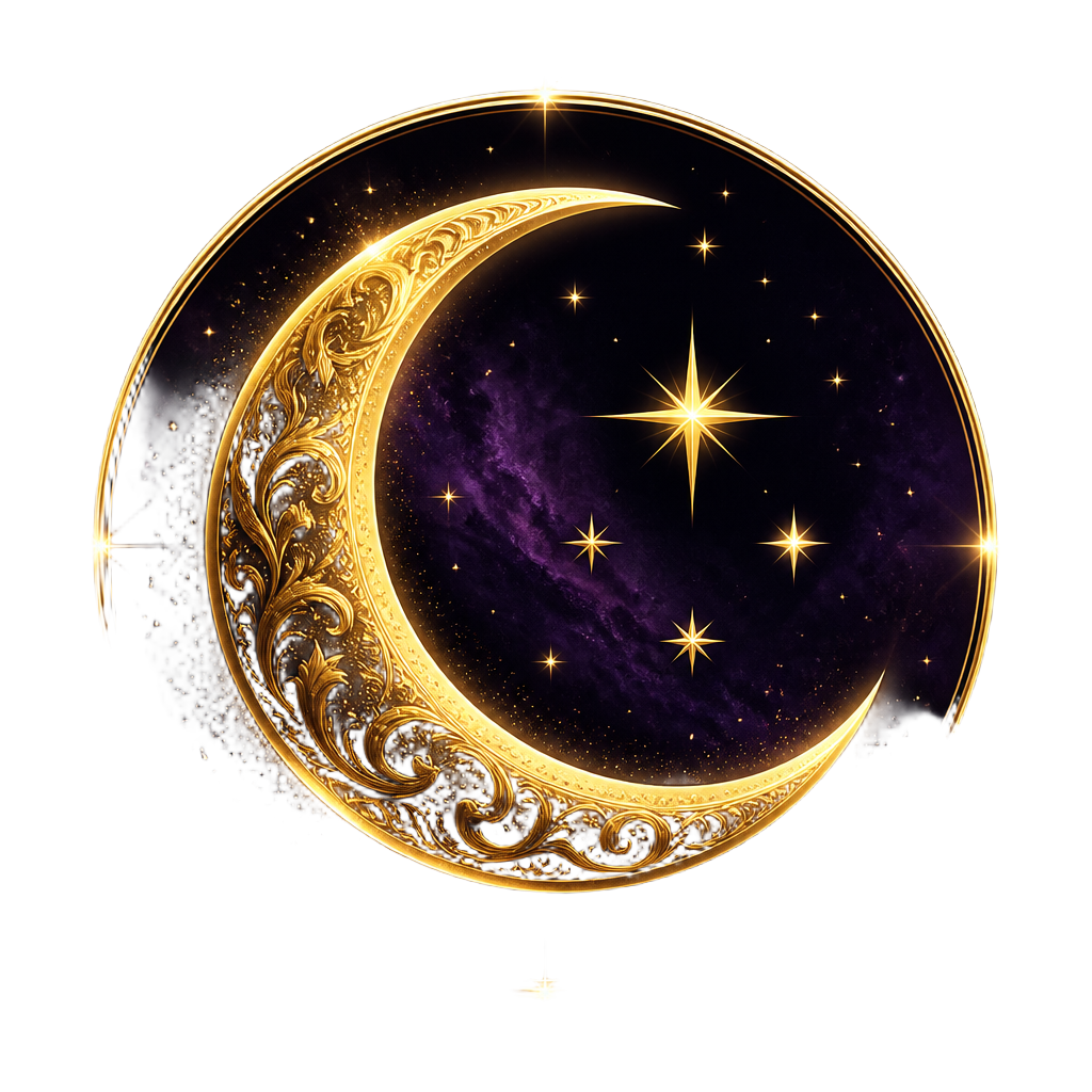 Golden crescent moon with stars