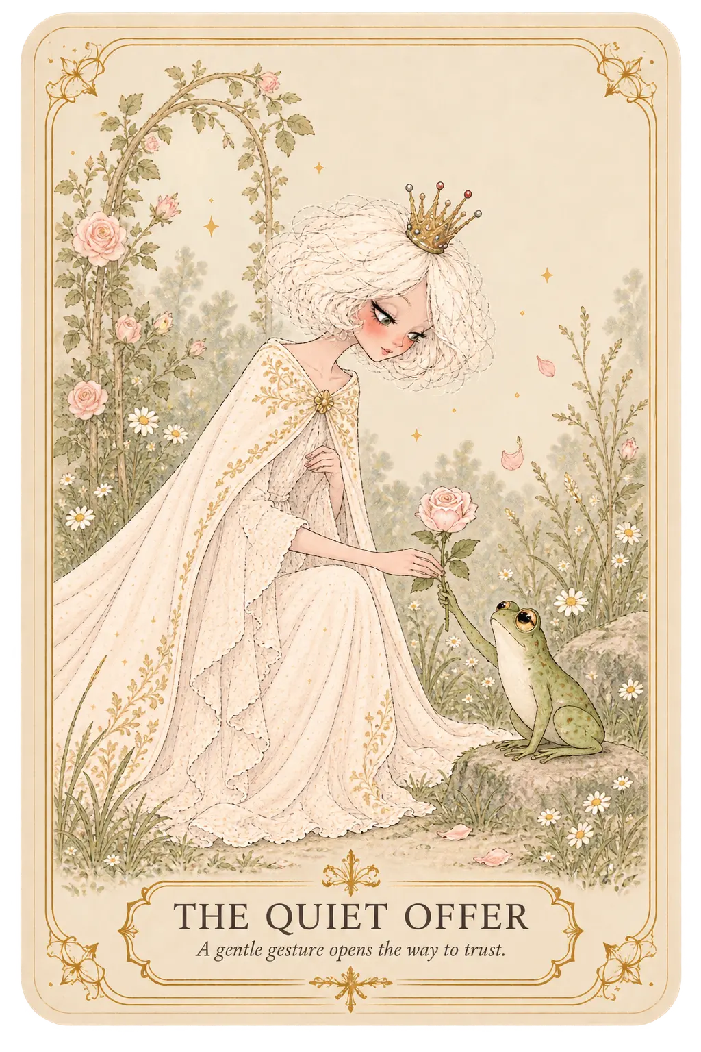 The Quiet Offer oracle card — A gentle gesture opens the way to trust.