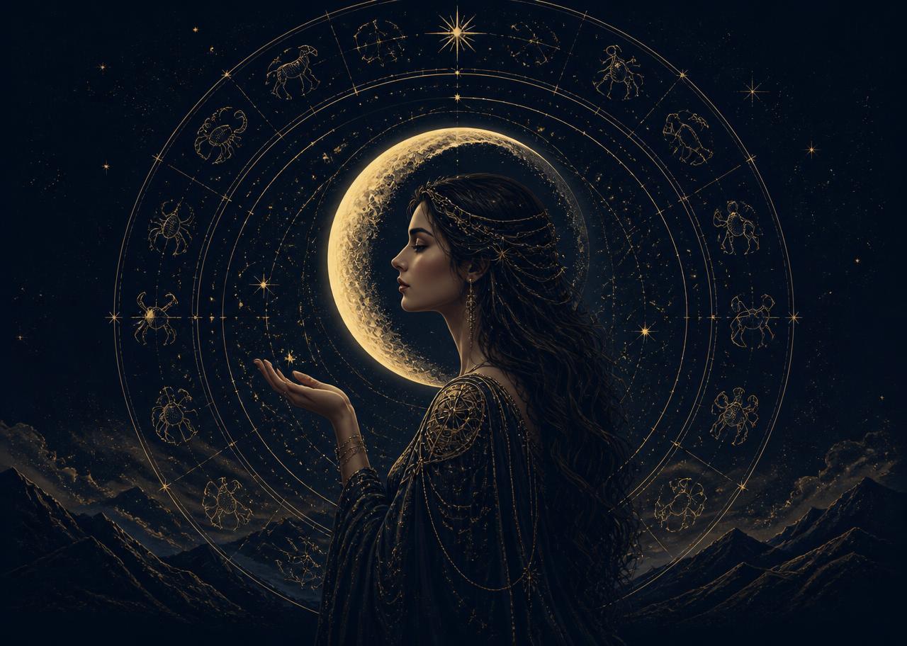 Celestial oracle framed by a golden zodiac and crescent moon