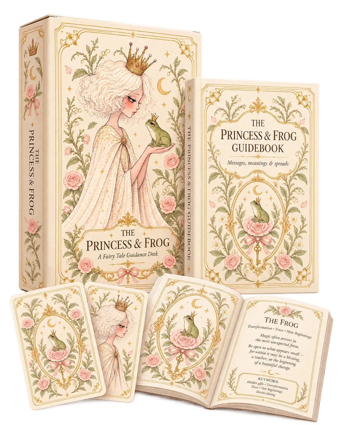 Deck box, guidebook and sample oracle cards including The Frog
