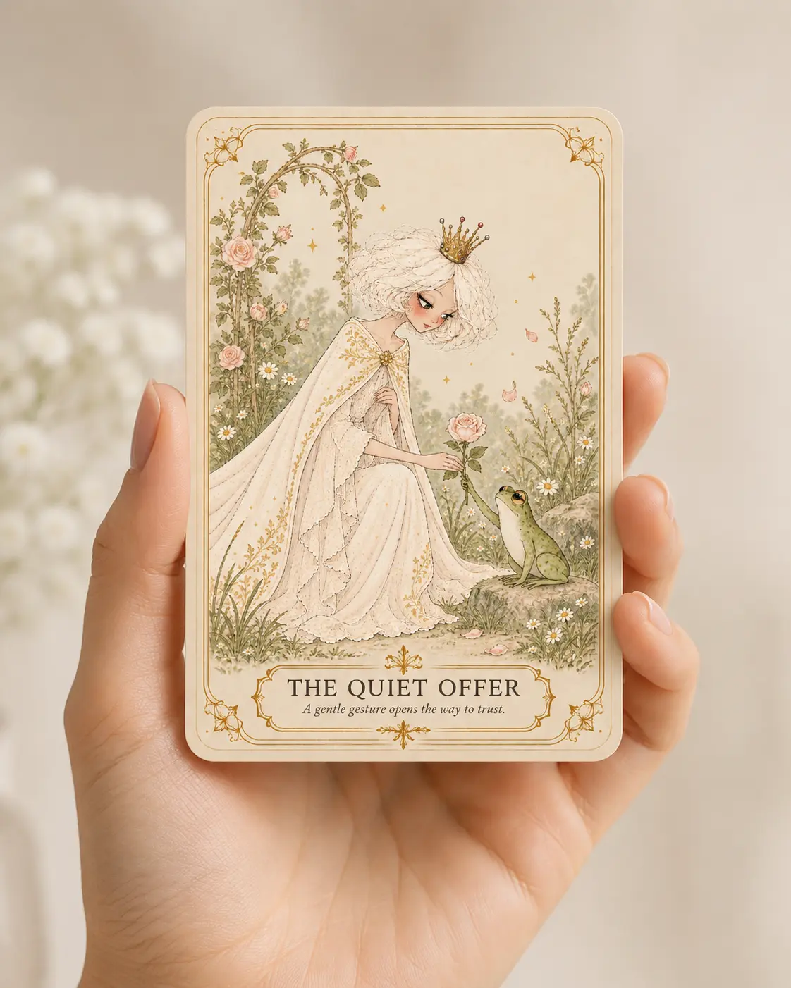 The Quiet Offer oracle card held in hand