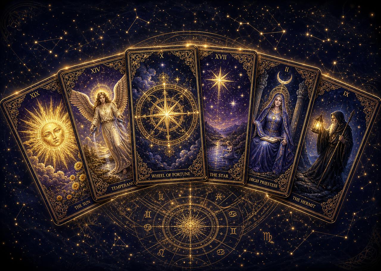 Fanned spread of illustrated tarot cards glowing in gold