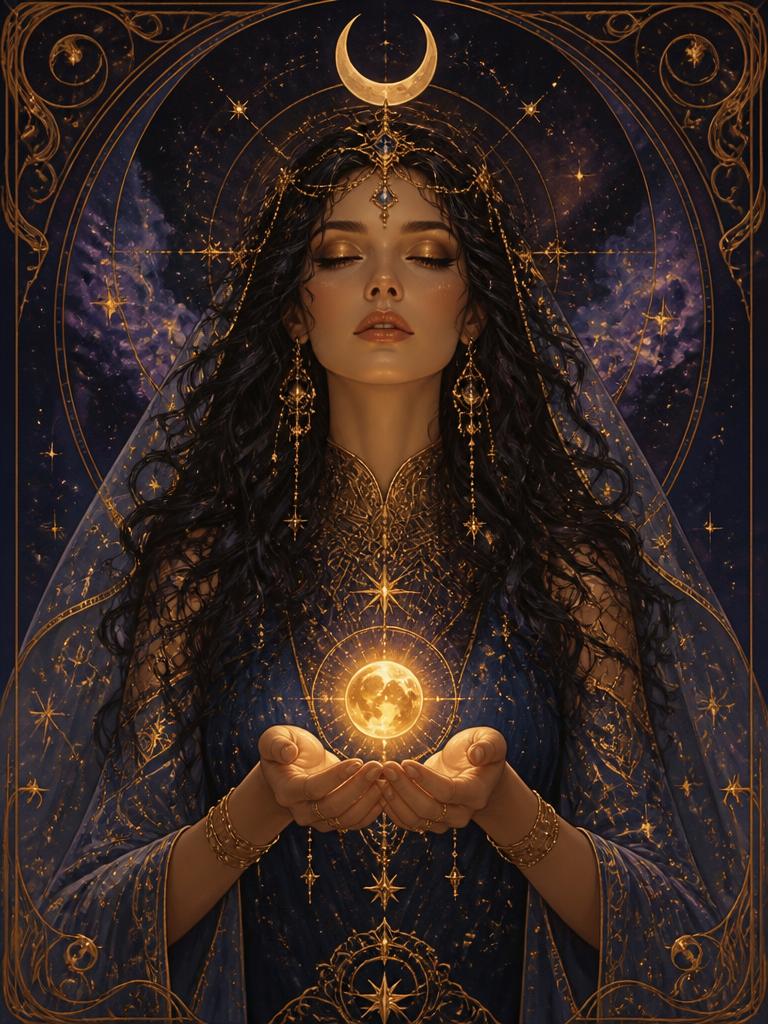 The Oracle Reader, a celestial figure holding a glowing orb